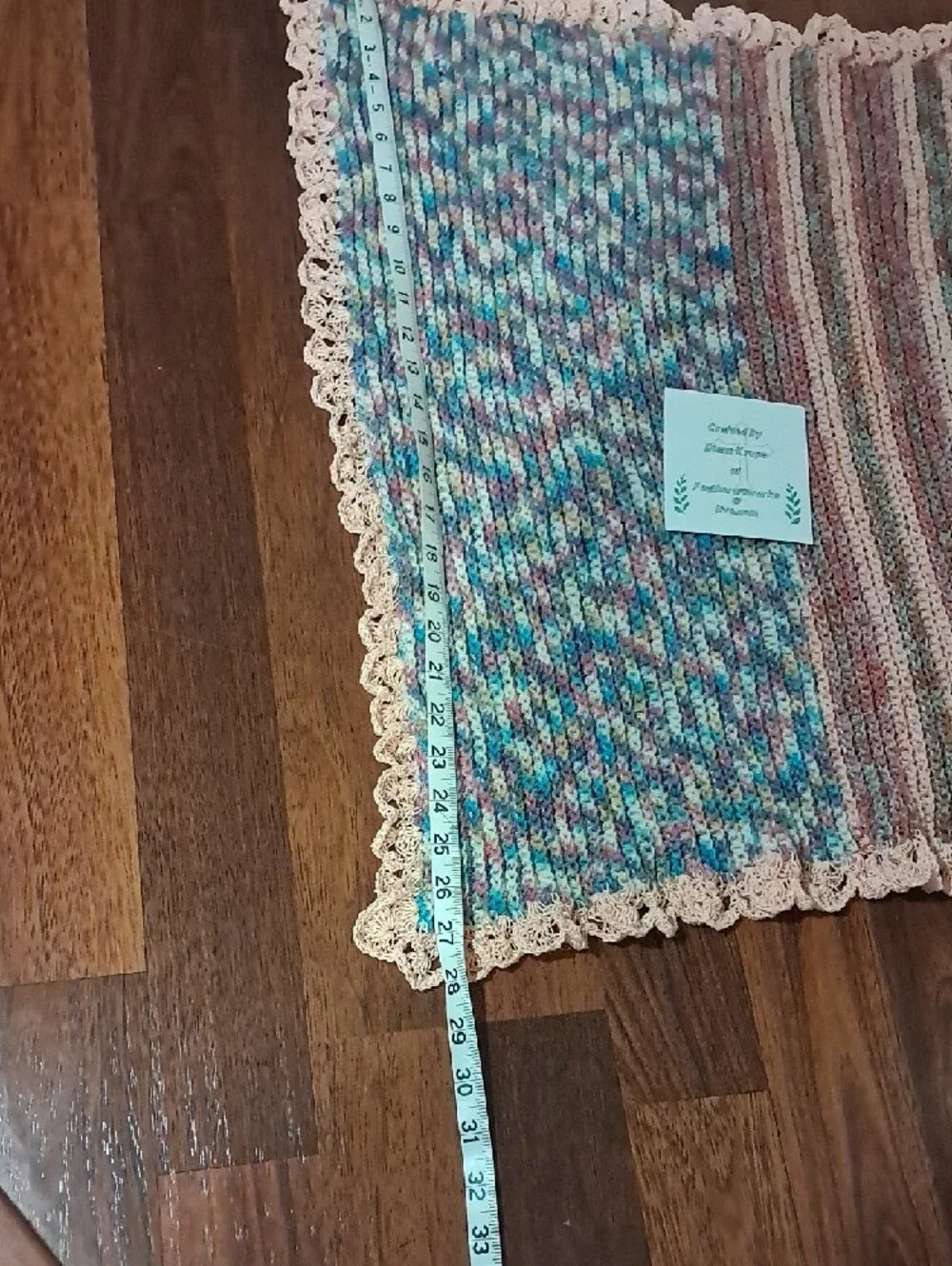 Handmade Multicolor Knit Baby Blanket with Peach Trim